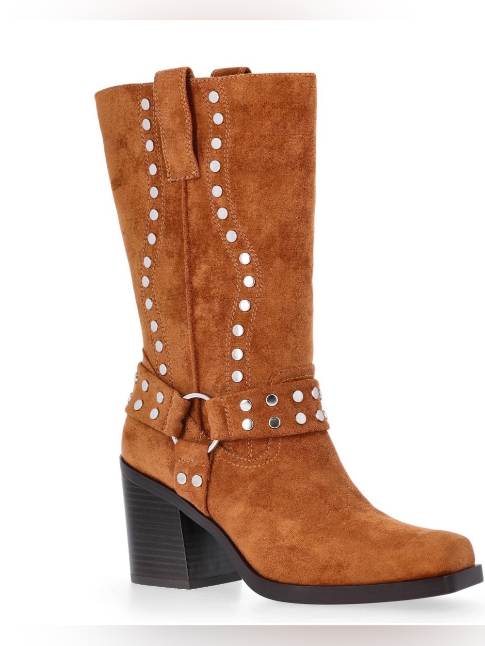 Studded Mid-Calf Heeled Boot in Tan